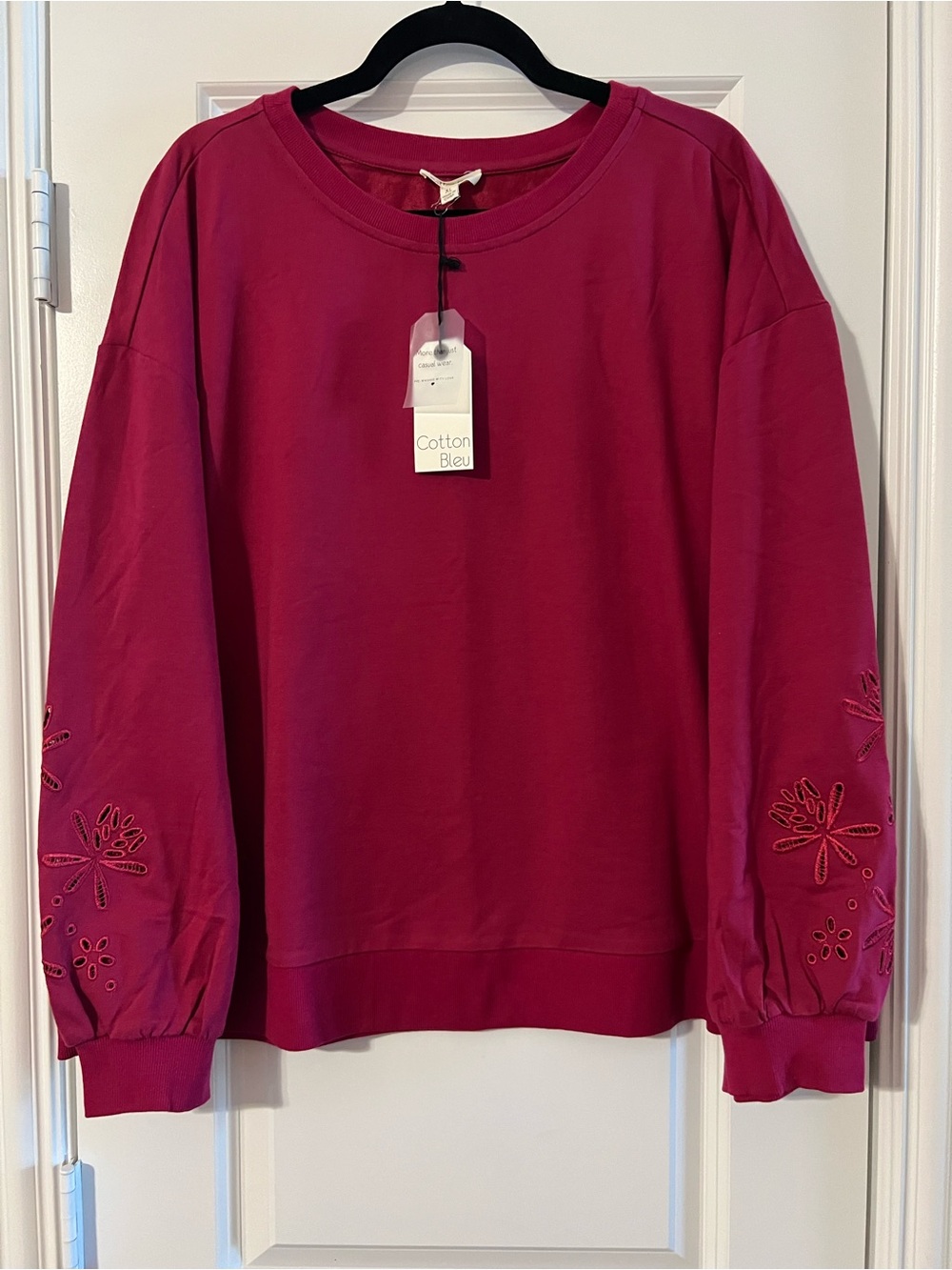Fuchsia Embroidered-Sleeve Sweatshirt